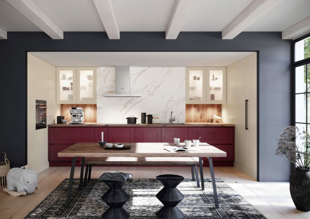 Burgundy Shaker Open Plan Kitchen | ColeRoberts, Loughborough