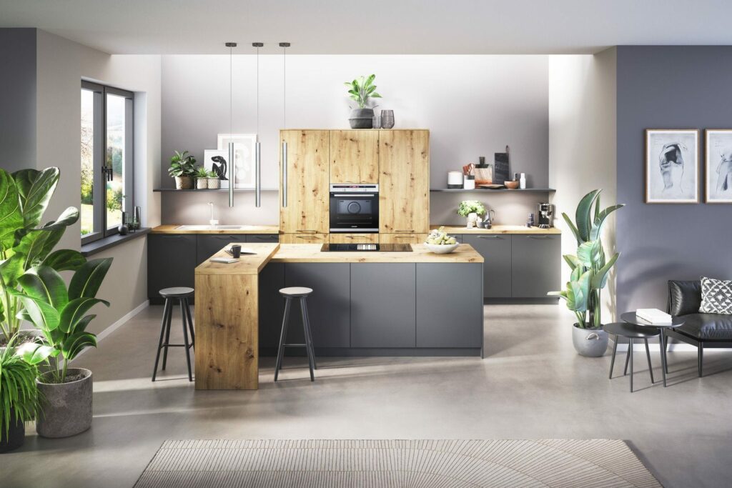 Grey Matt Wood Handleless Open Plan Kitchen | ColeRoberts, Loughborough