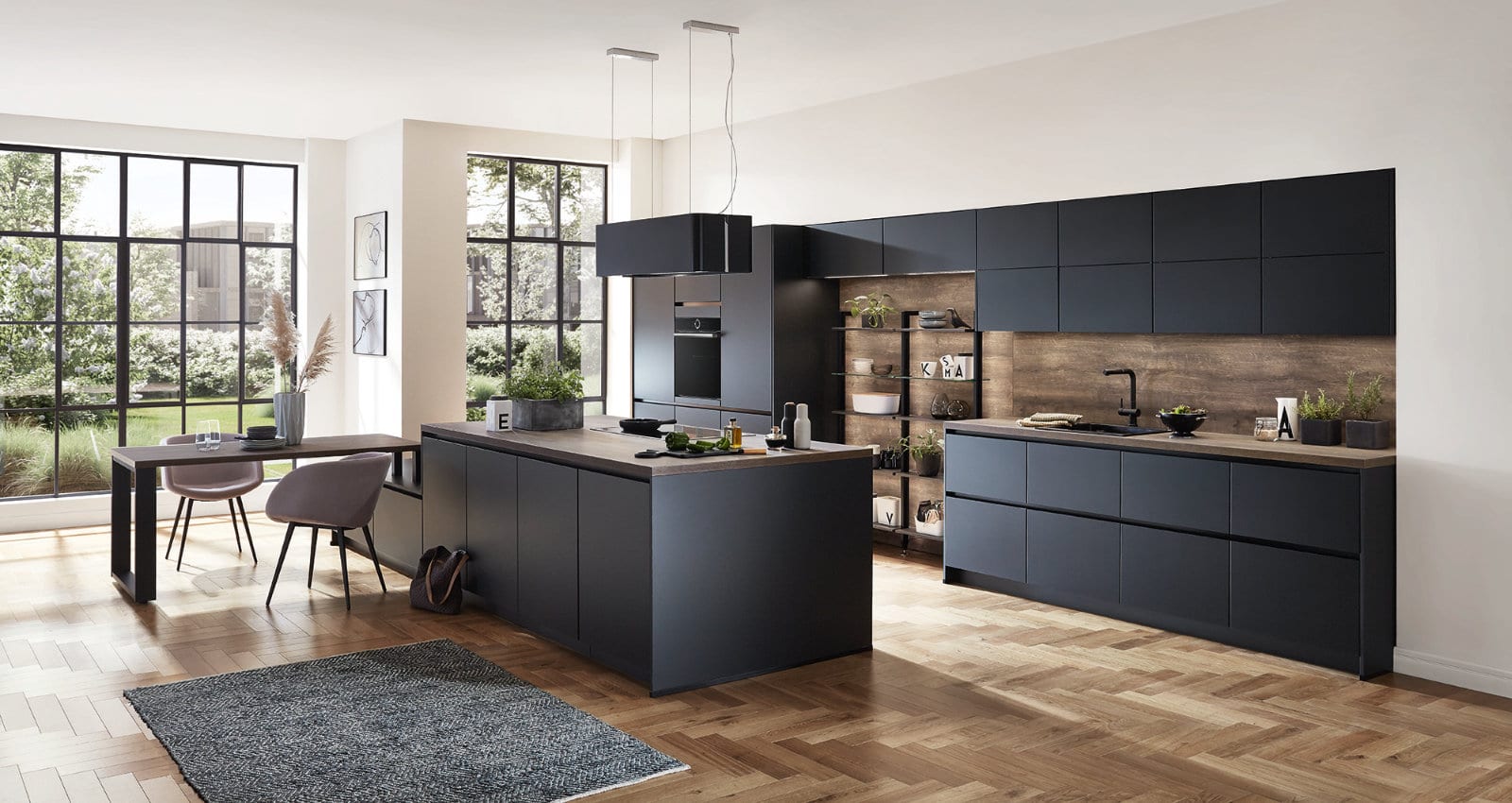 Nobilia Matt Black Wood Handleless Open Plan Kitchen 2021 1 | Nobilia German Kitchens by Square, Sheffield