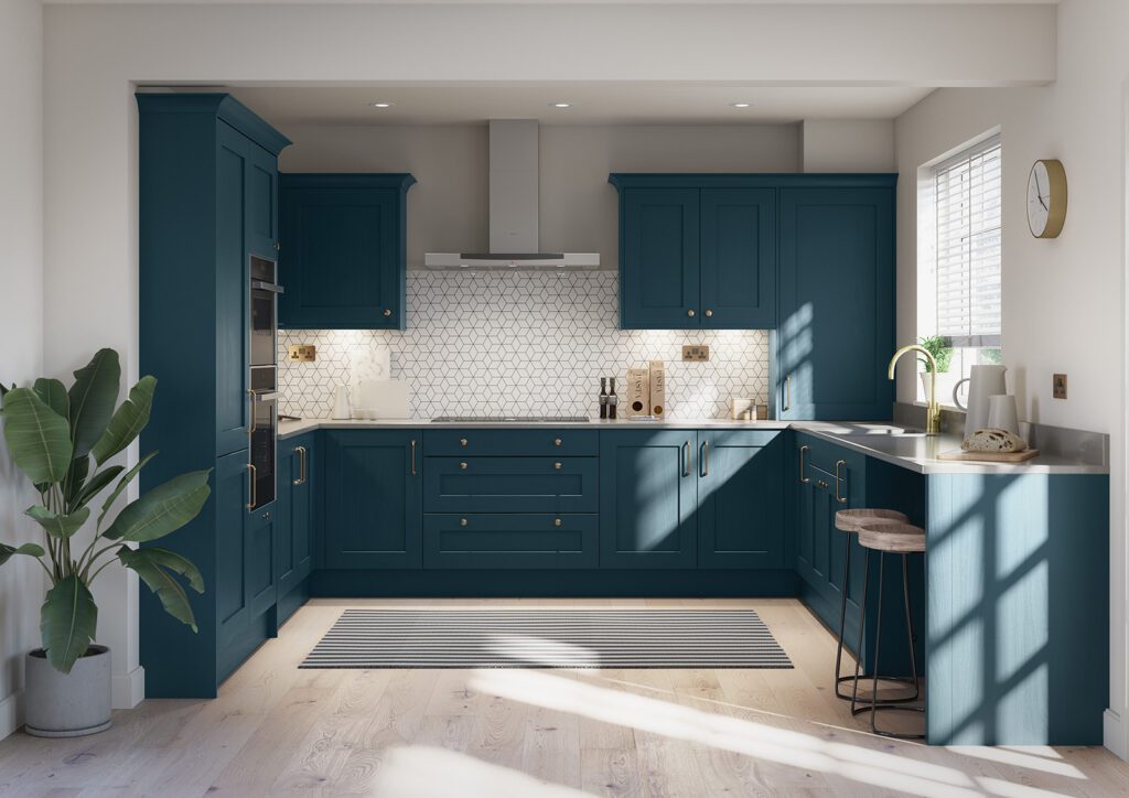 Pinner kitchen showroom Second Nature Teal Shaker U Shaped Kitchen | My Dream Kitchen, London