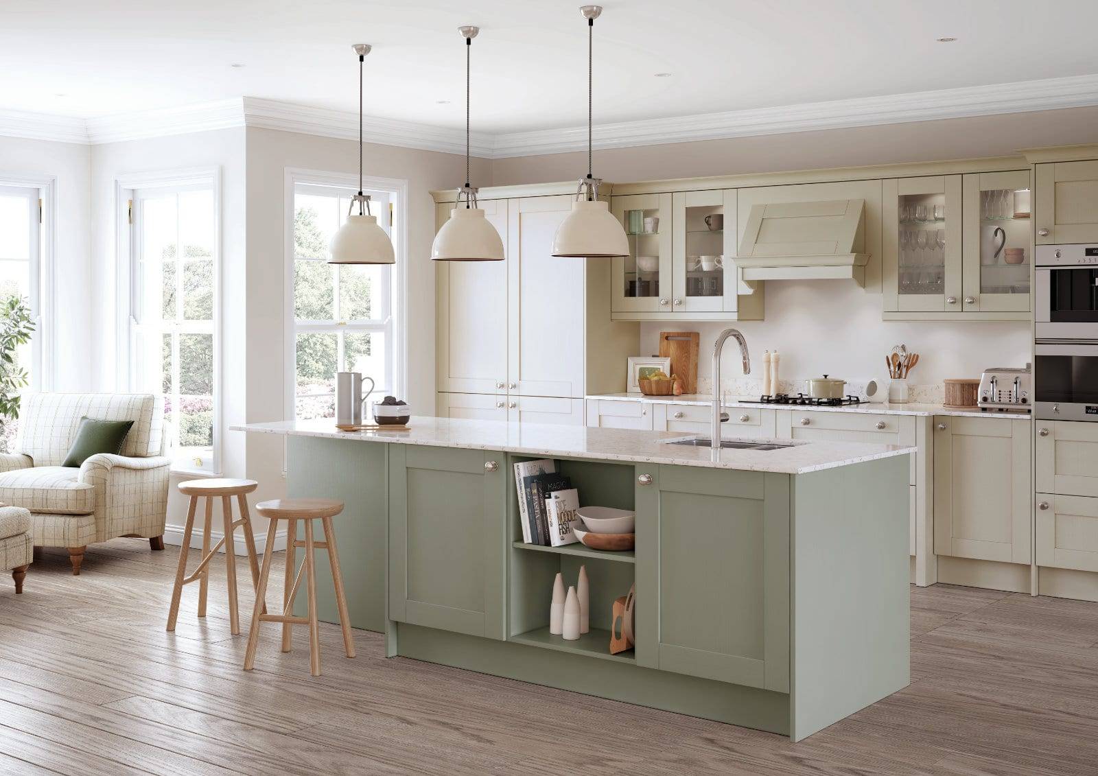 Alku Open Plan Light Shaker Kitchen With Island 1 | Sia Kitchens, Hertfordshire