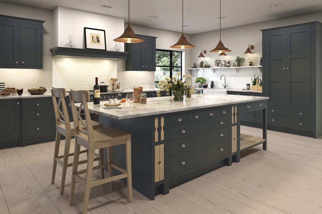 kitchen showroom Ramsbottom - Aislingin Framedarkkitchenwithisland | Portfolio Kitchens, Swinton