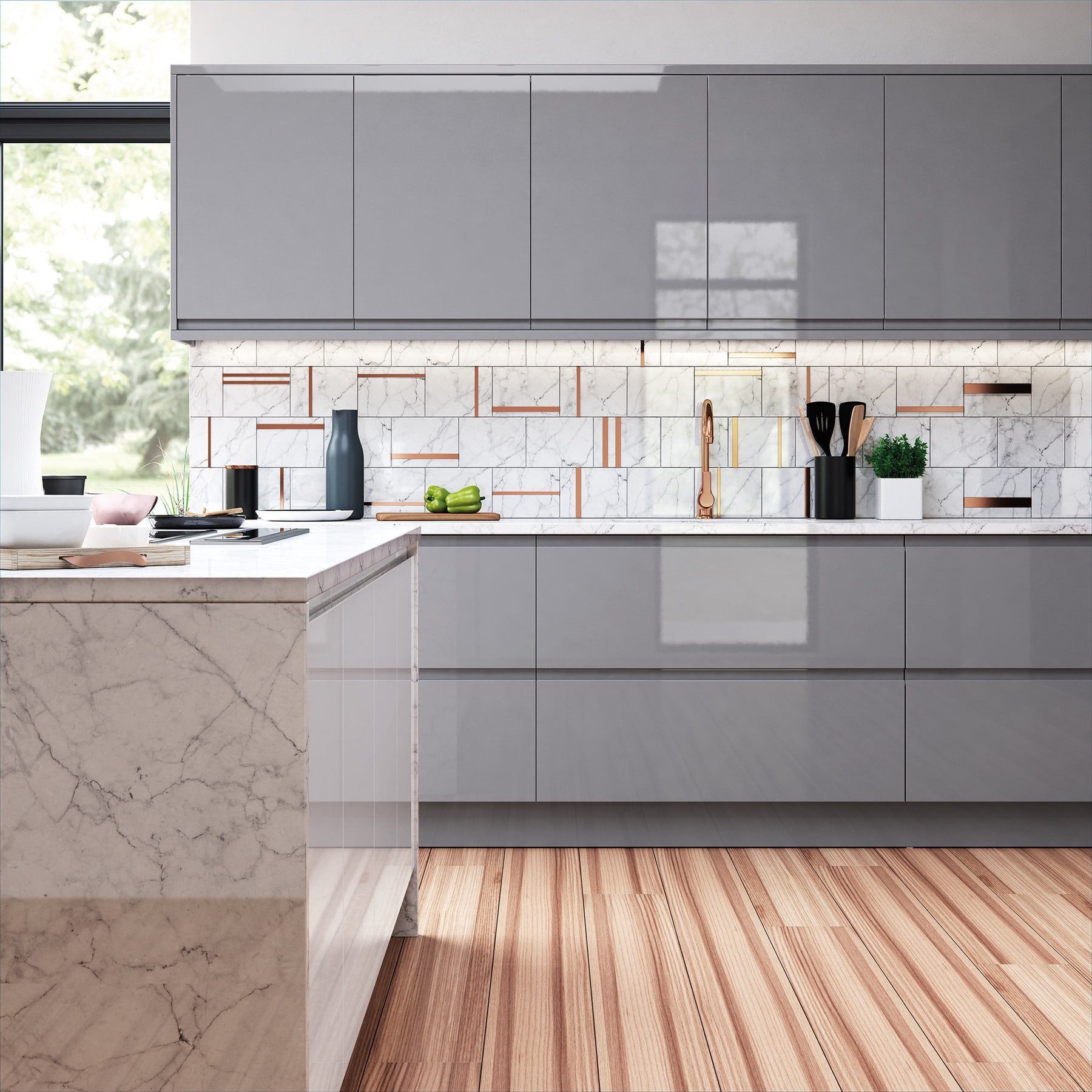Strada Gloss Dust Grey And Light Grey Handleless Kitchen | Unlimited Kitchens, Nottingham