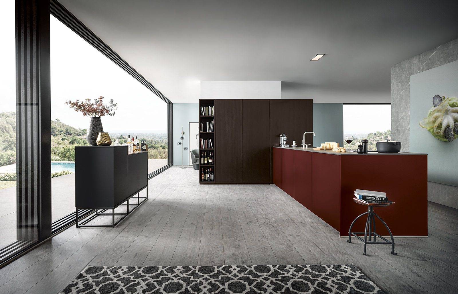 Next125 Matt Burgandy Brown Handleless Open Plan Kitchen With Island | Osborne Interiors, Chiswick